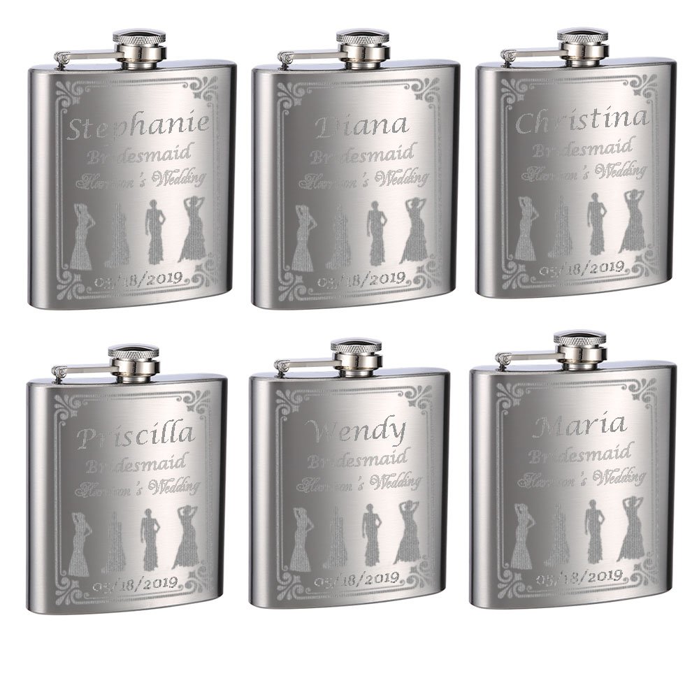 ''WEDDING Flasks for Bridesmaids and Bride, 6 Pack of 6oz Flasks, Personalized''